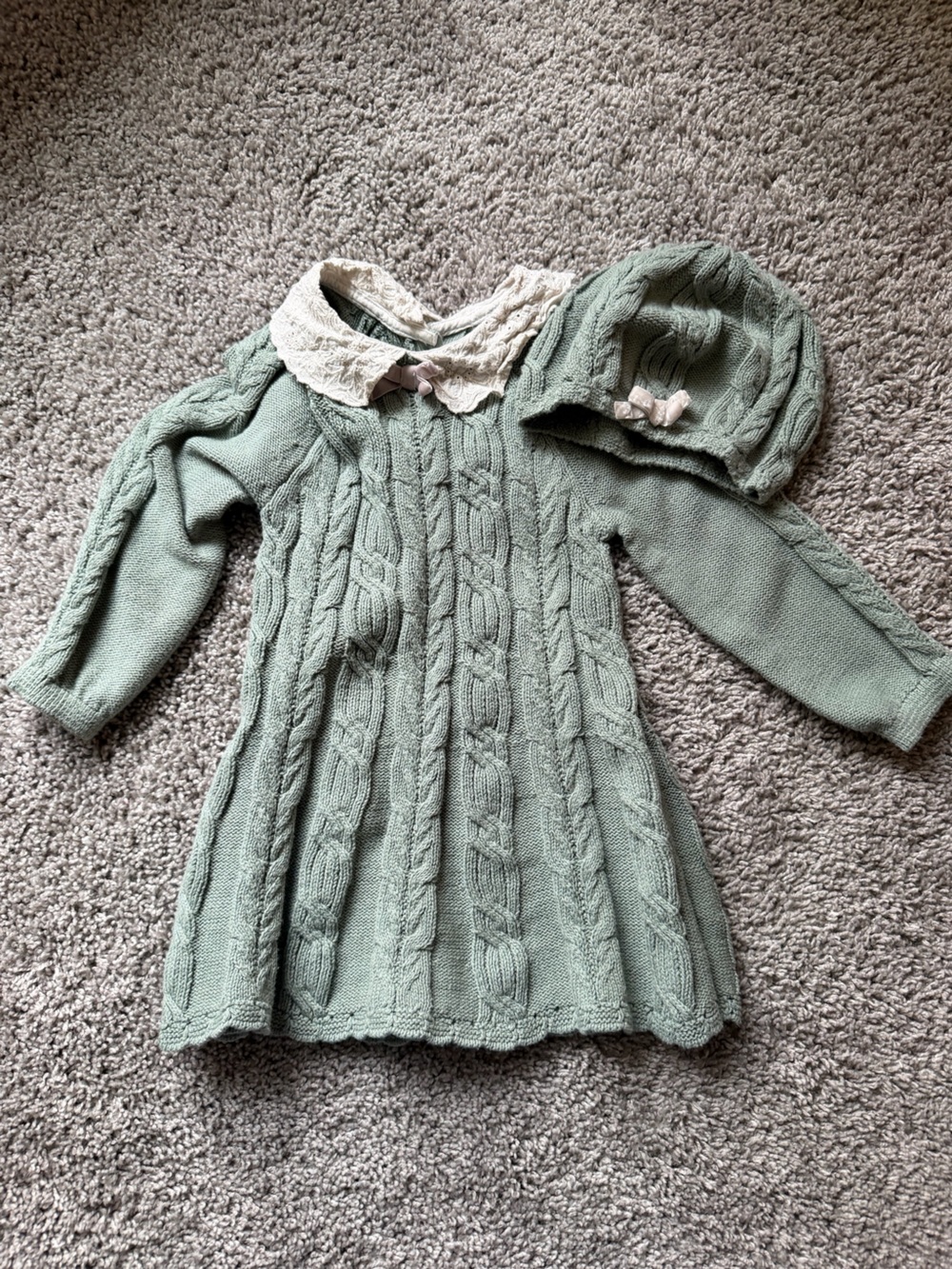 Max Studio Sage Green Cable Knit Dress with Lace Collar